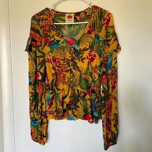 Farm Rio Anthropologie into the wild print pattern blouse with buttons